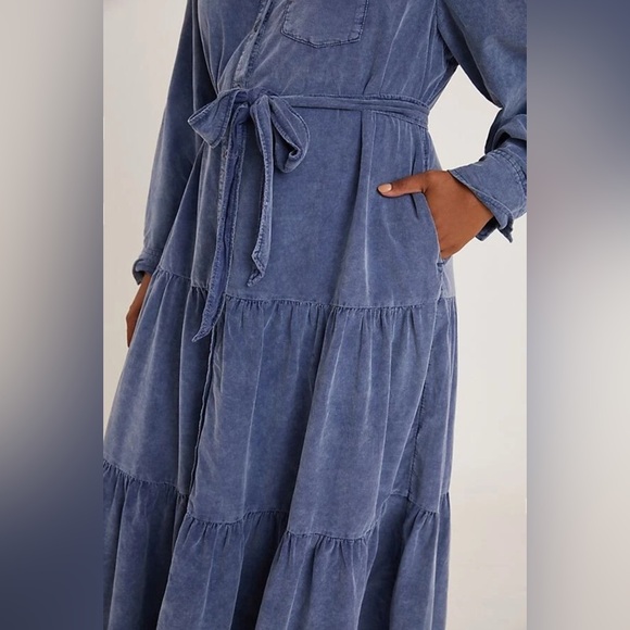 Pilcro Anthropologie Marta tiered navy corduroy button down maxi dress 1X - Picture 4 of 10